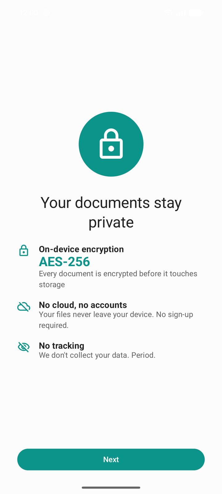 DocuScanr onboarding screen titled Your documents stay private, with three bullet points: On-device encryption AES-256, No cloud no accounts, and No tracking.